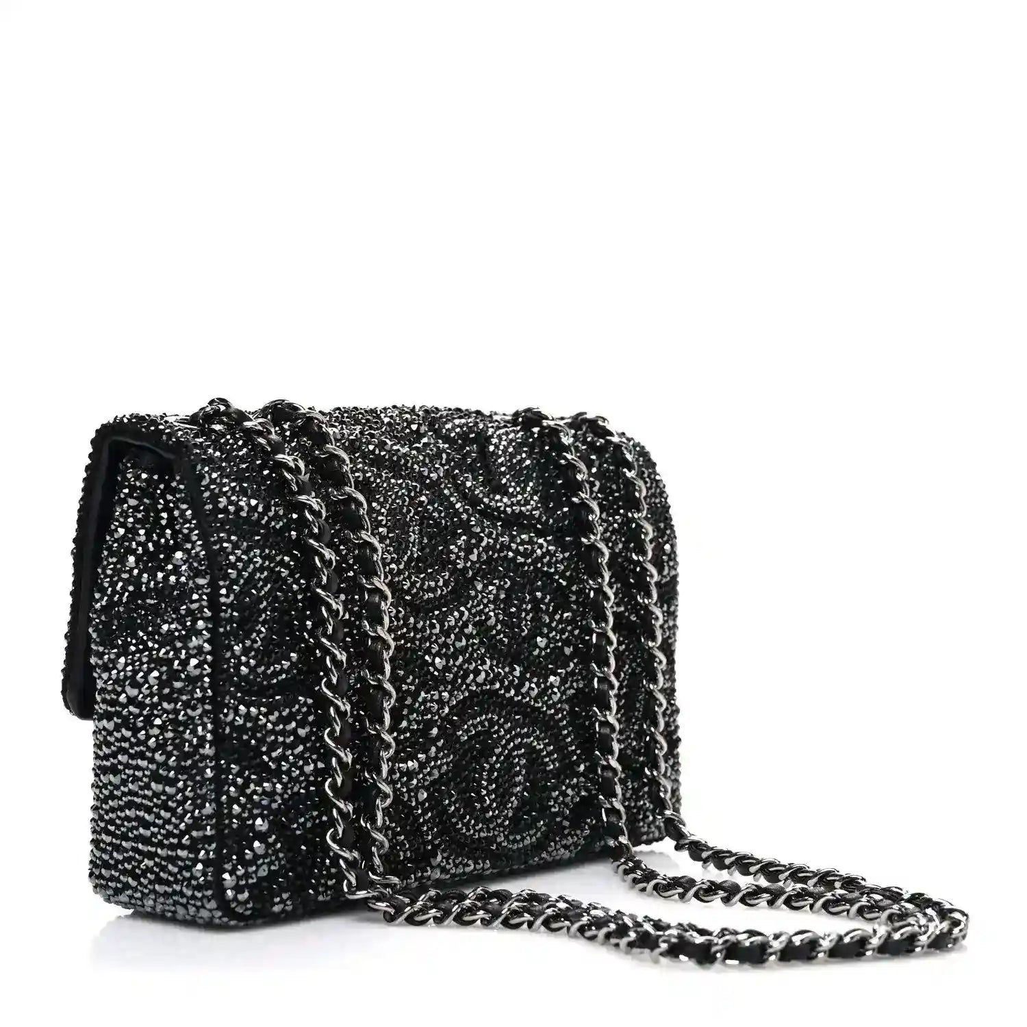 Black rhinestone small flap bag with CC medallion and long chain strap