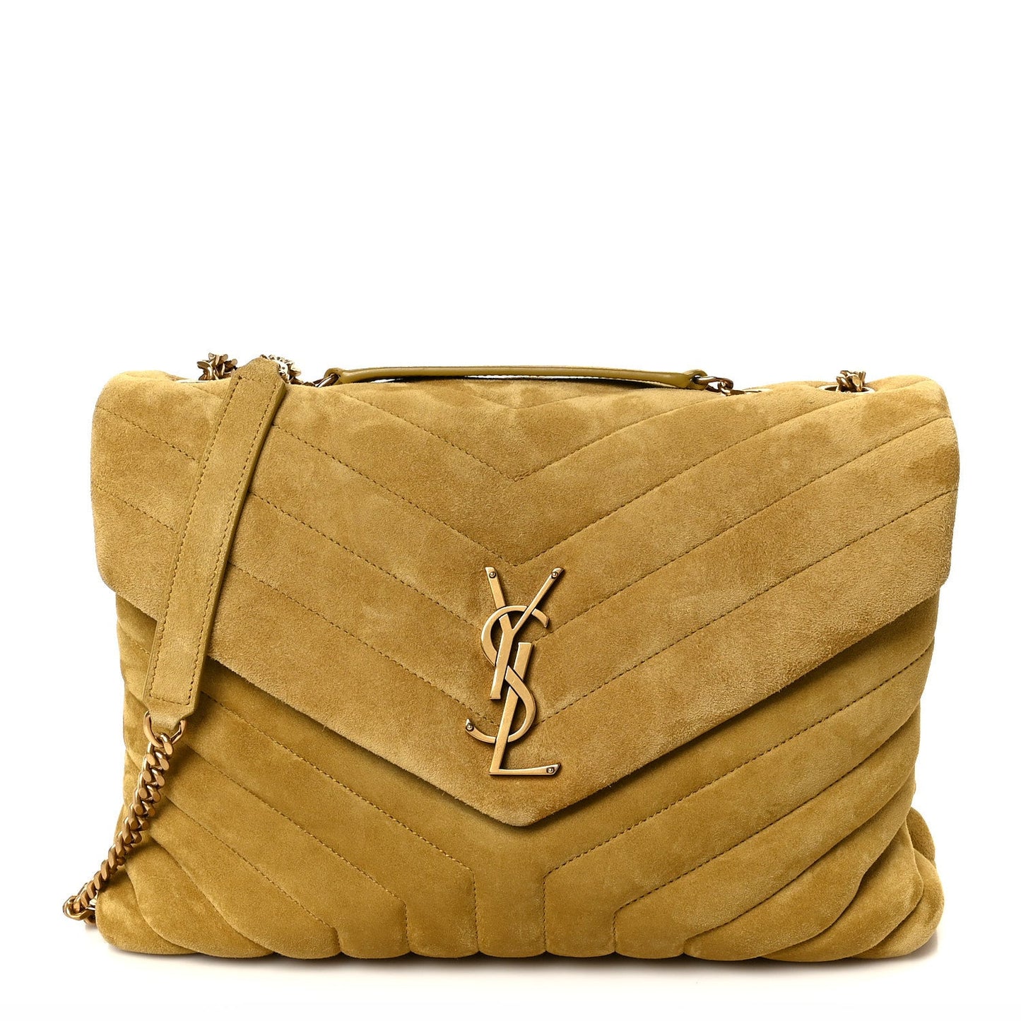 Chartreuse suede quilted medium satchel with YSL monogram and shoulder chain
