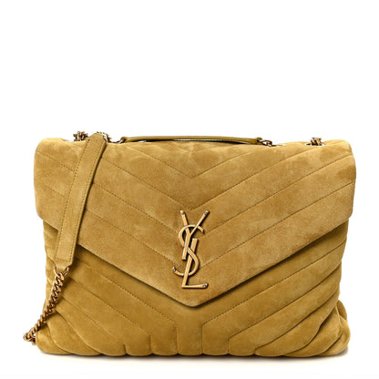 Chartreuse suede quilted medium satchel with YSL monogram and shoulder chain