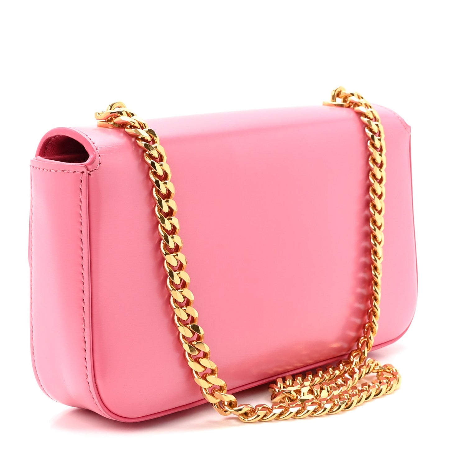Flamingo pink leather shoulder bag with gold chain and side opening detail