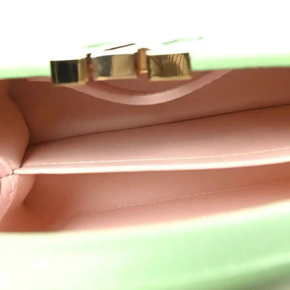 Green mini handbag interior with pink fabric lining