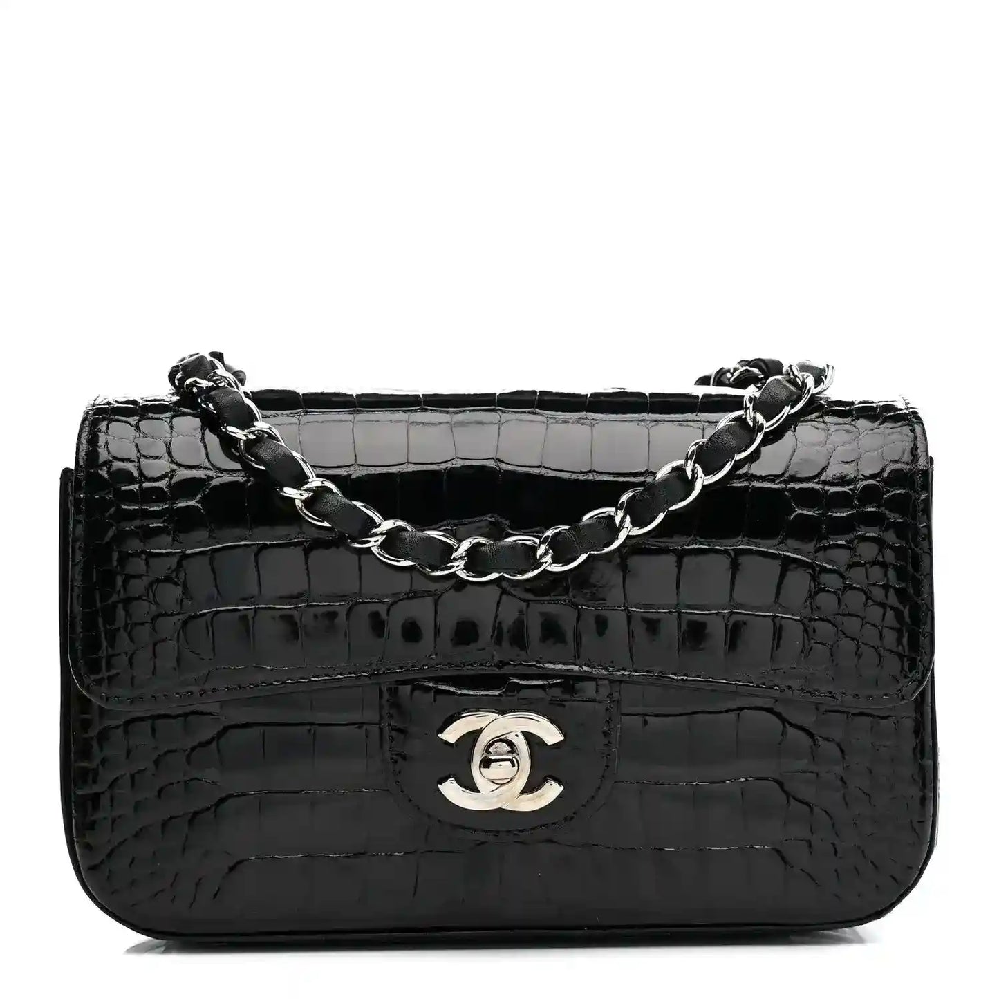 Black shiny alligator mini rectangular flap bag with chain strap and Chanel logo.