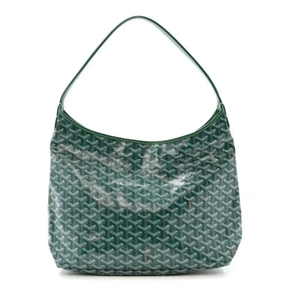 Green chevron-pattern coated canvas hobo bag with top handle and front pocket