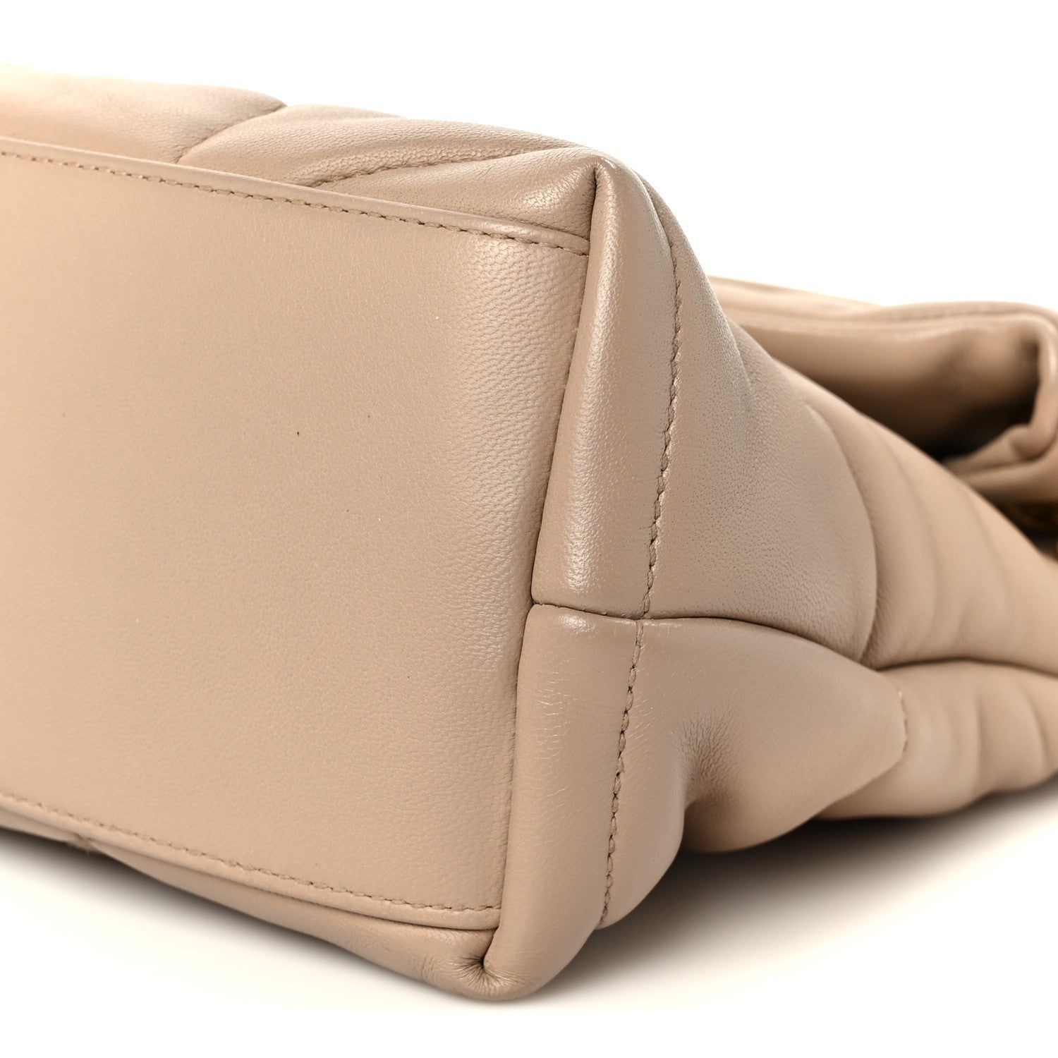 Saint Laurent Loulou small chain puffer satchel in dark beige leather, quilted side view