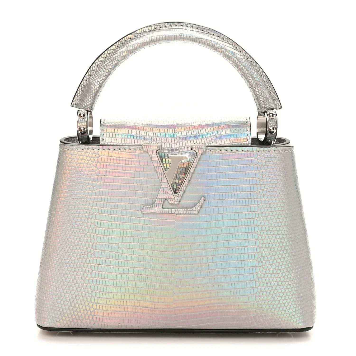 Iridescent lizard mini handbag with top handles, LV emblem, and silver hardware