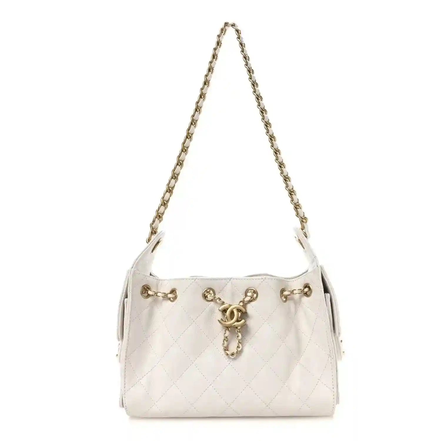 White quilted mini handbag with gold chain strap and front clasp detail