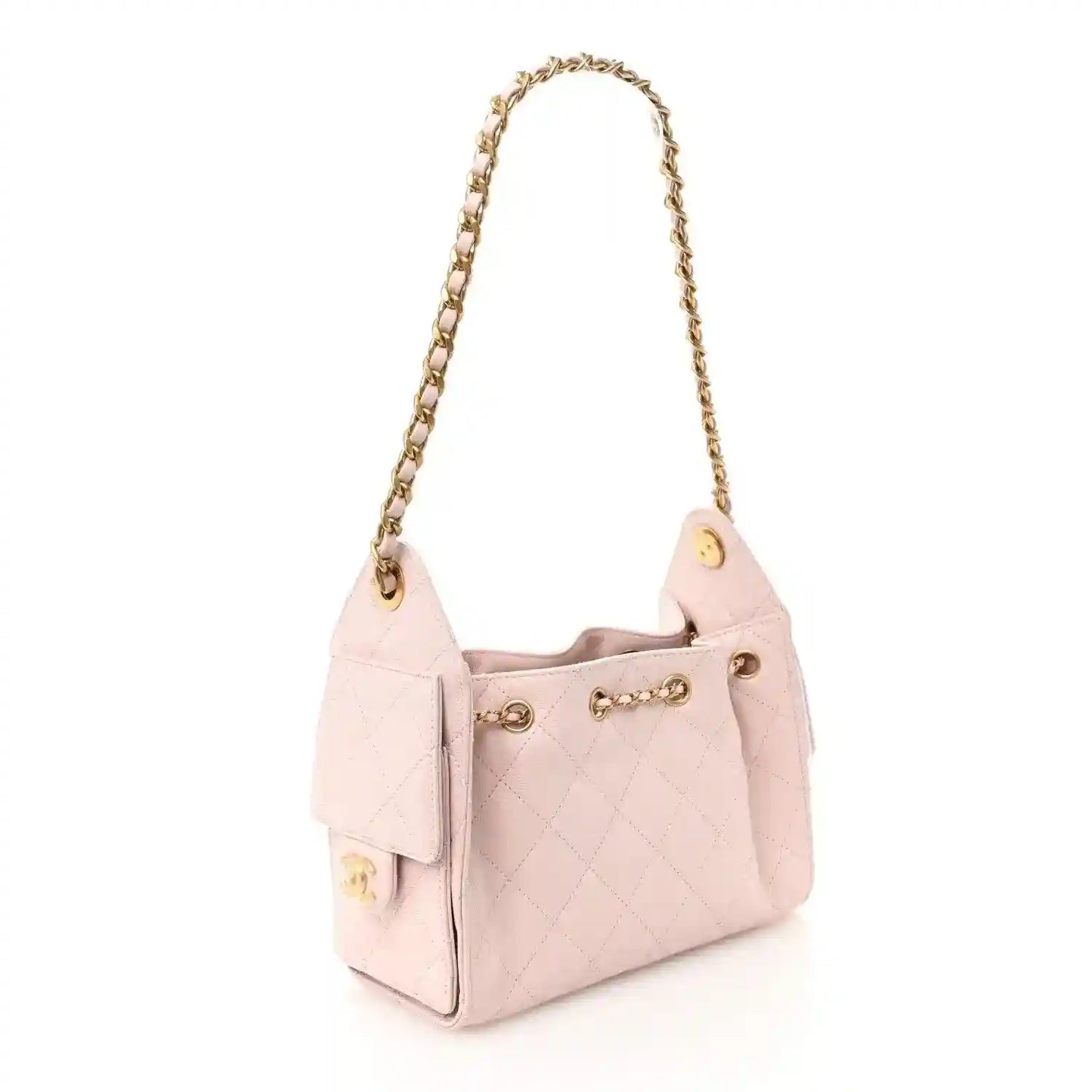 Chanel light pink quilted caviar mini 25 handbag, side flap pocket, gold chain