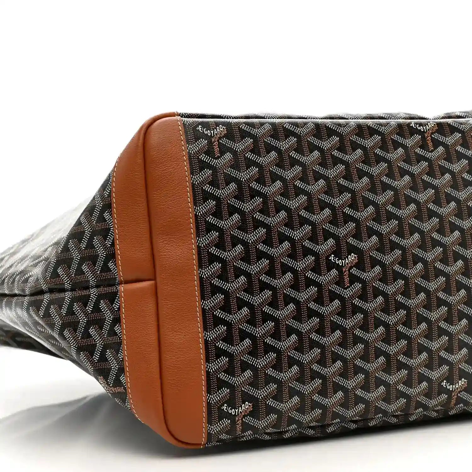 Goyard Artois GM tote bag side view, black Goyardine canvas with tan leather panel