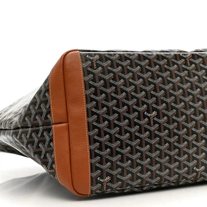 Goyard Artois GM tote bag side view, black Goyardine canvas with tan leather panel
