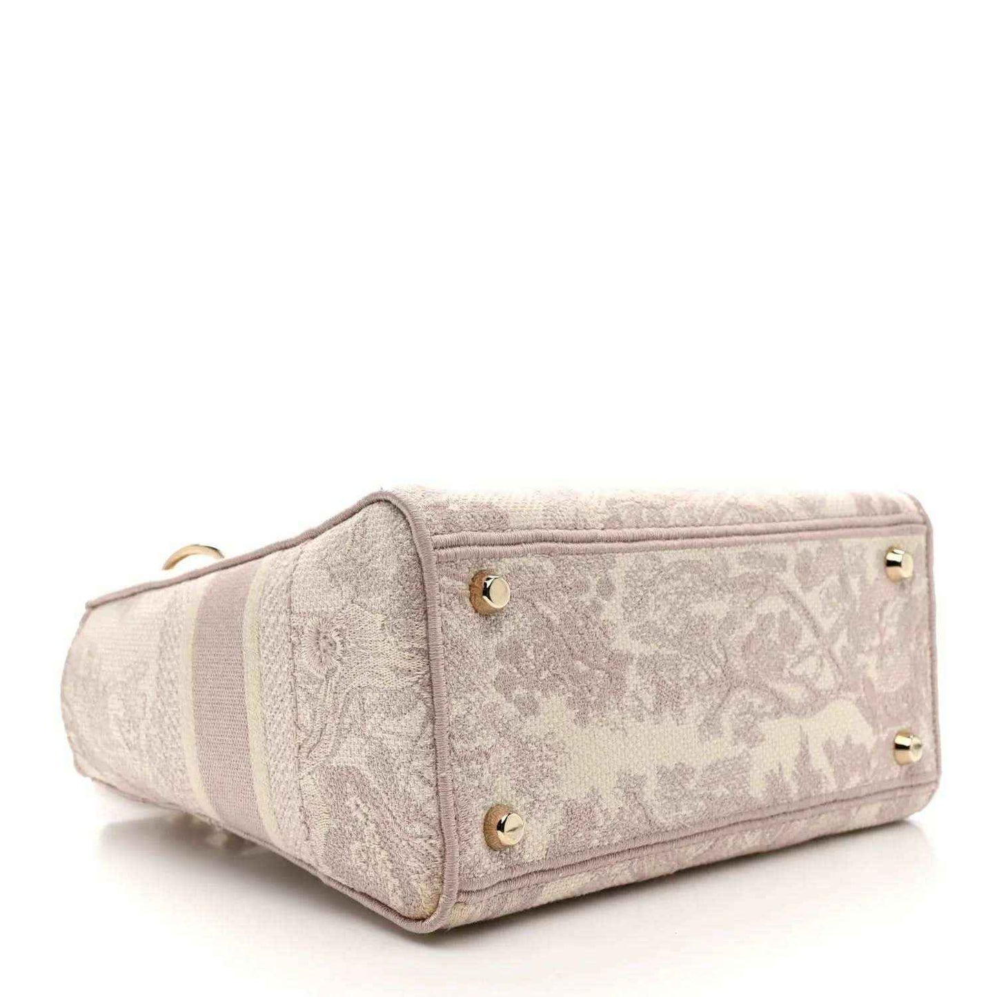 Medium rose-pink embroidered handbag with gold-tone corner studs and top zipper closure