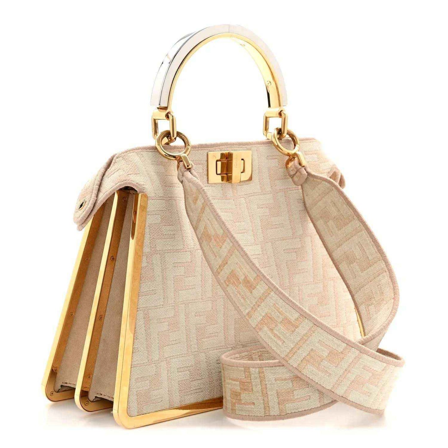 Fendi small Peekaboo satchel bag open with light beige FF pattern, gold clasp, and wrist strap
