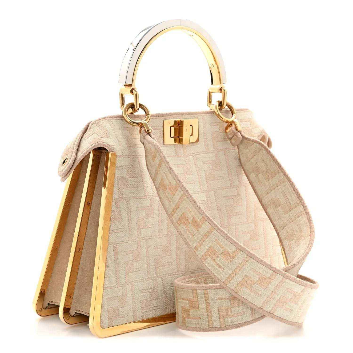 Fendi small Peekaboo satchel bag open with light beige FF pattern, gold clasp, and wrist strap