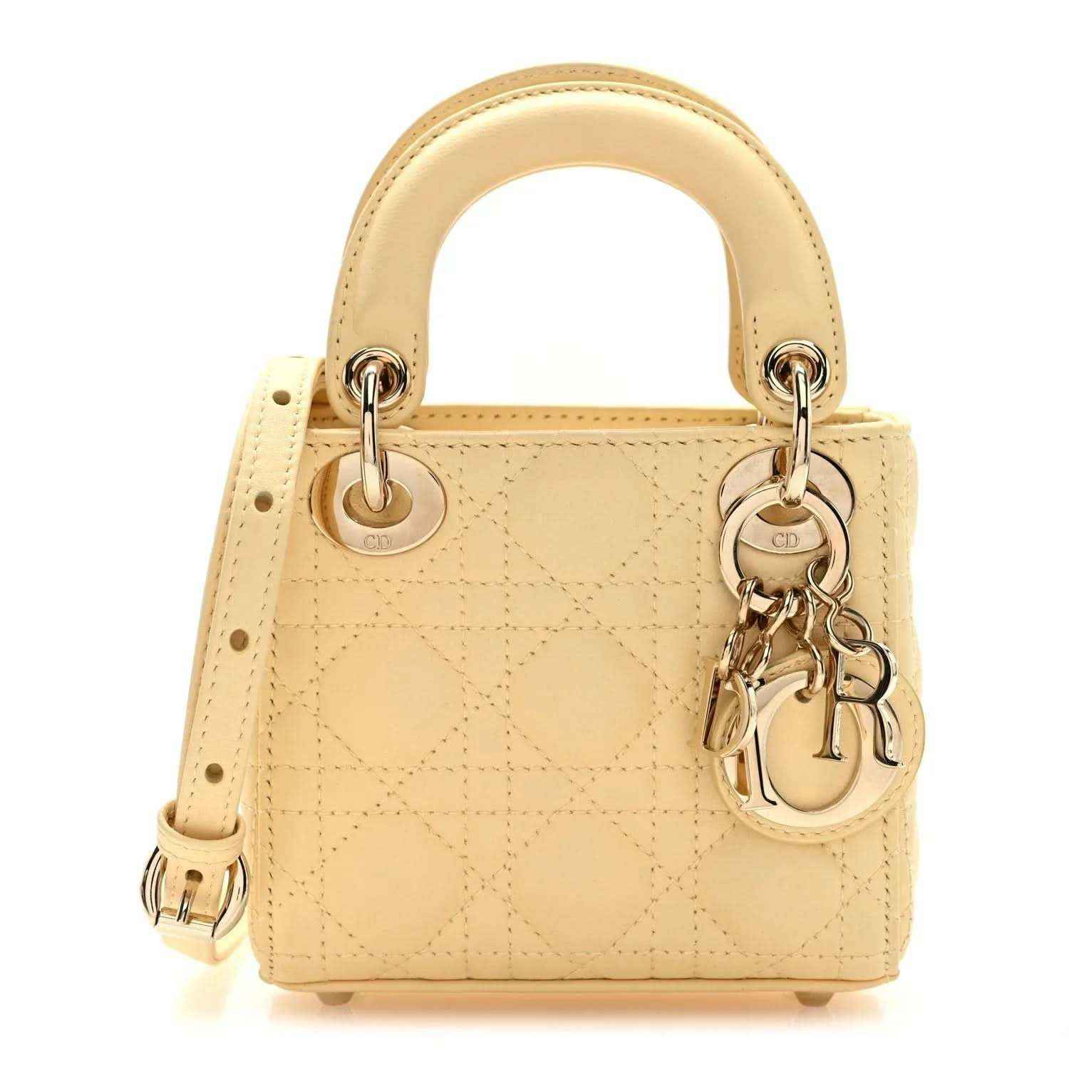 Micro Lady Dior handbag in soft yellow lambskin with cannage quilting and top handles
