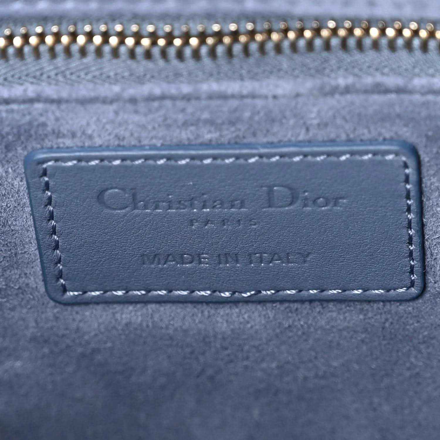 Christian Dior label patch on denim blue quilted Lady Dior bag