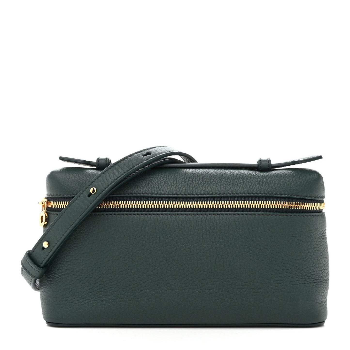Grained calfskin crossbody pouch in dark petrol green with top zipper and strap.
