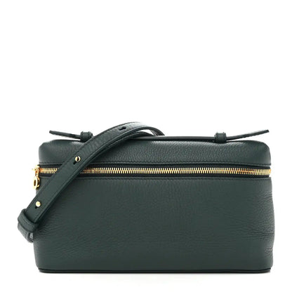 Grained calfskin crossbody pouch in dark petrol green with top zipper and strap.