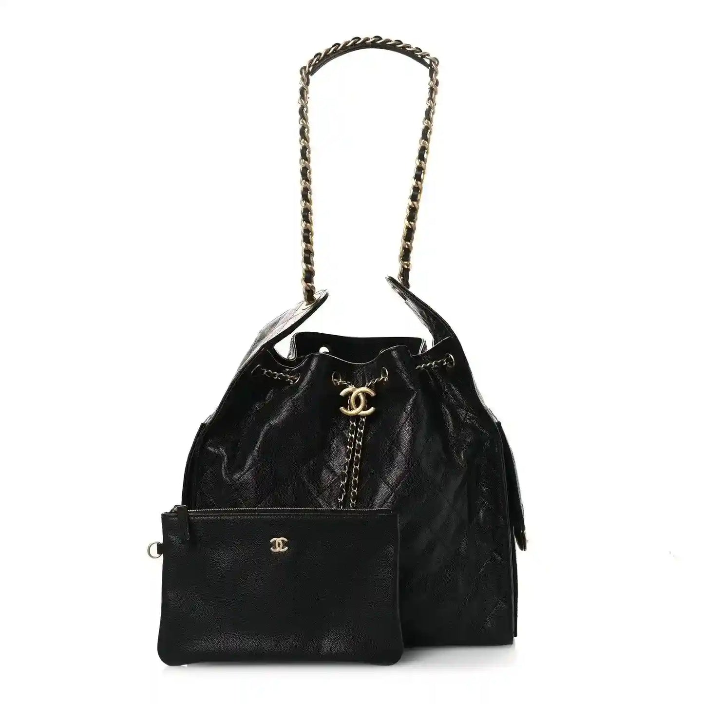 Black quilted leather handbag with chain handle and front flap pocket