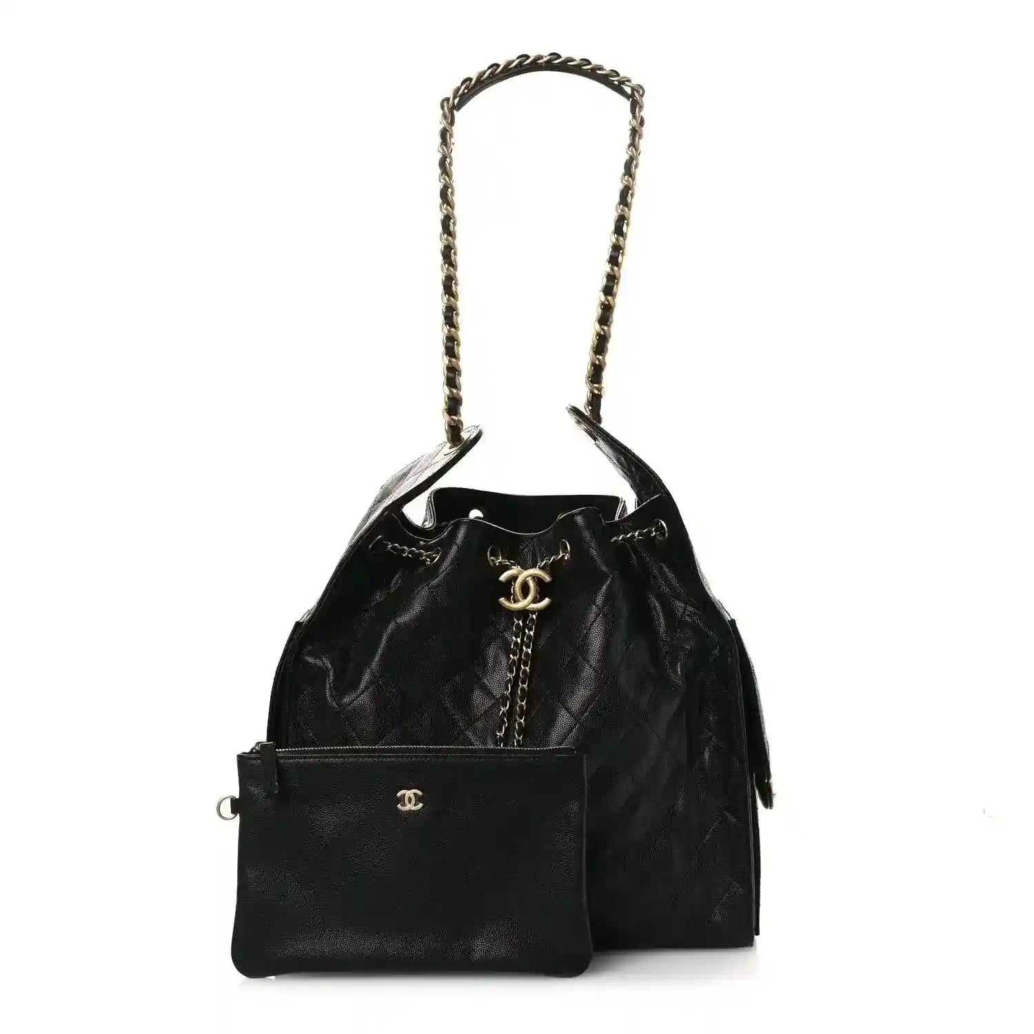Black quilted leather handbag with chain handle and front flap pocket