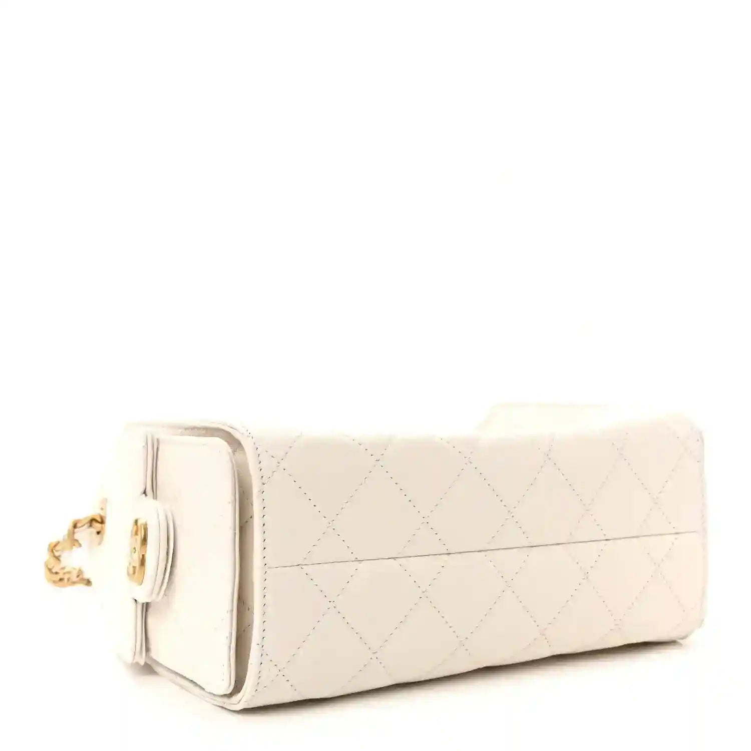 White quilted leather mini handbag with gold-tone side clasp and chain strap