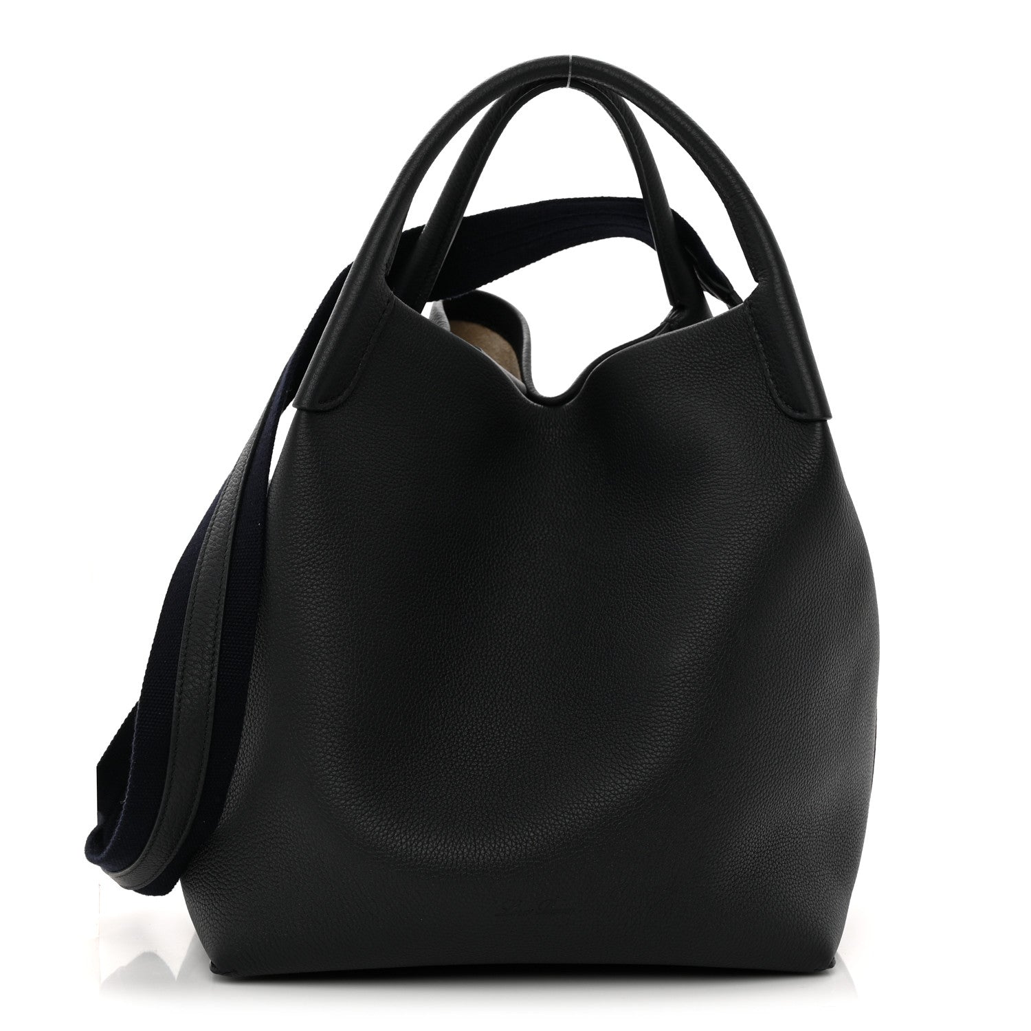 Front view large dark navy tote bag with top handles and curved hobo shape
