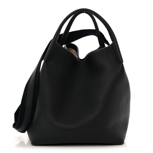 Front view large dark navy tote bag with top handles and curved hobo shape
