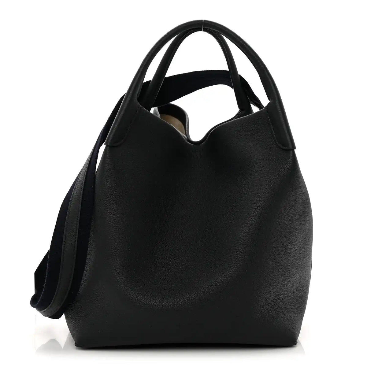 Front view large dark navy tote bag with top handles and curved hobo shape