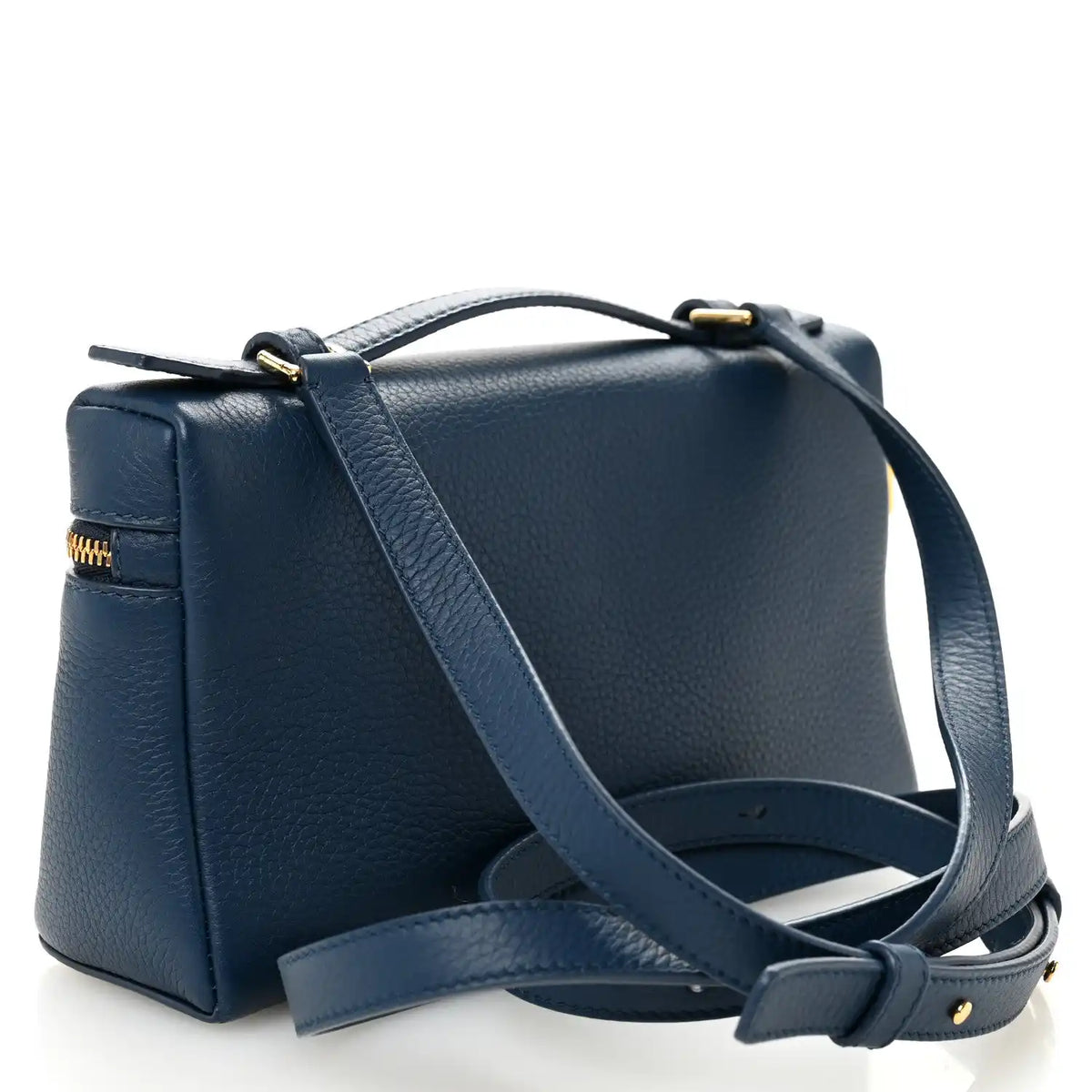 Navy grained calfskin pouch with top handle and crossbody strap