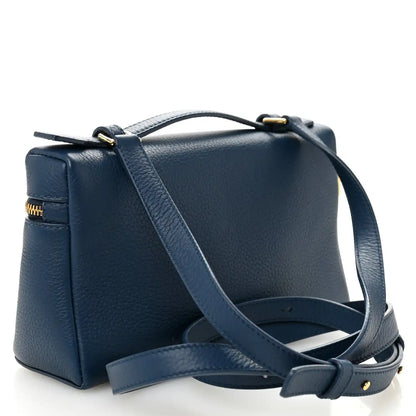 Navy grained calfskin pouch with top handle and crossbody strap