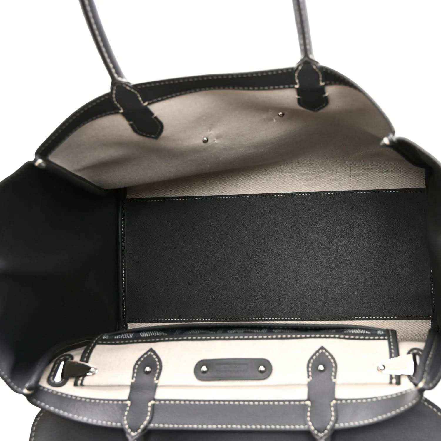 Goyard tote open top edge with leather trim, snap bar, and patterned canvas details
