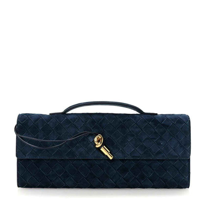 Blue suede intrecciato top-handle clutch with gold clasp