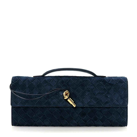 Blue suede intrecciato top-handle clutch with gold clasp