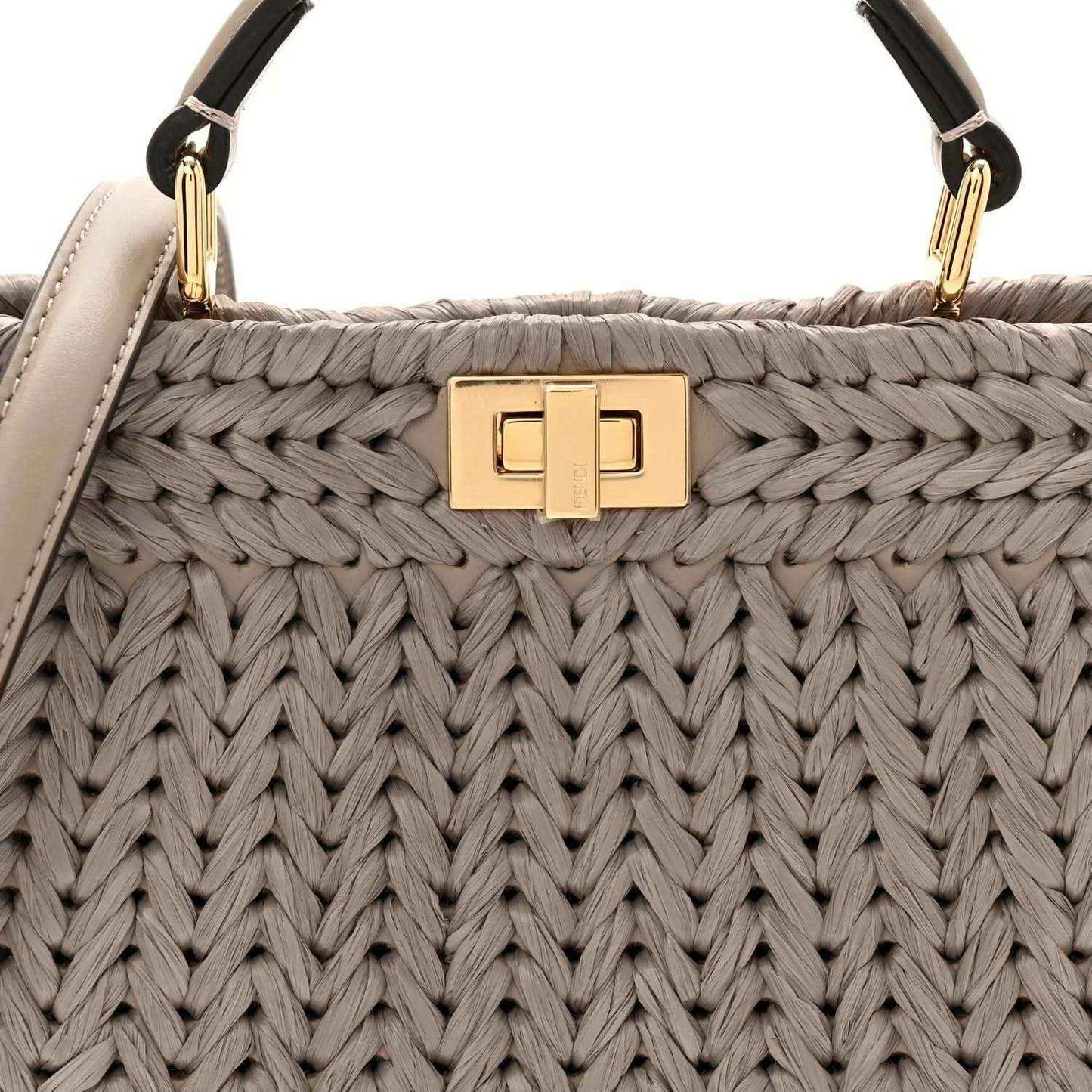 Gray woven raffia satchel with gold-tone front clasp and top handle