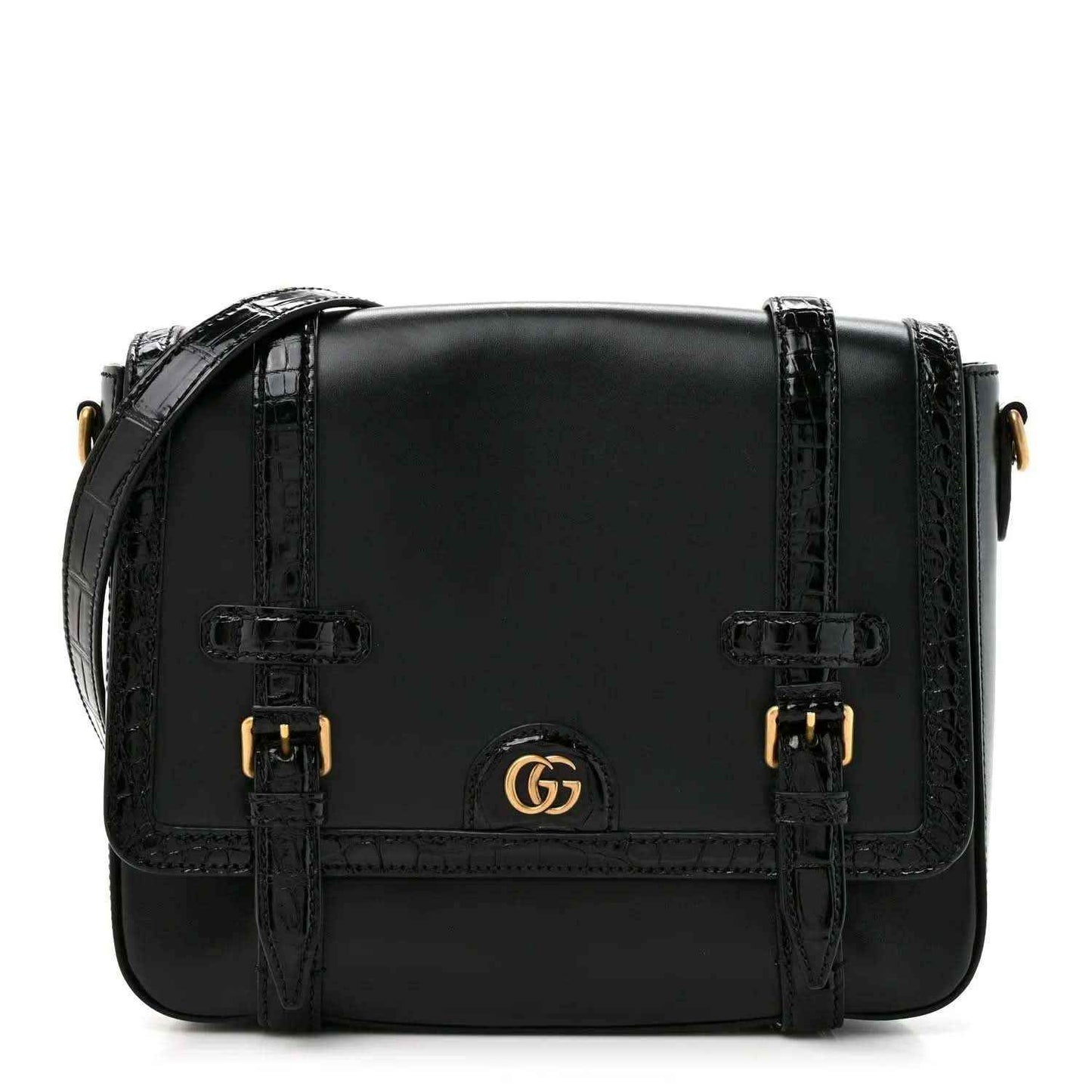 Black leather medium messenger bag with front double buckles and gold Gucci emblem
