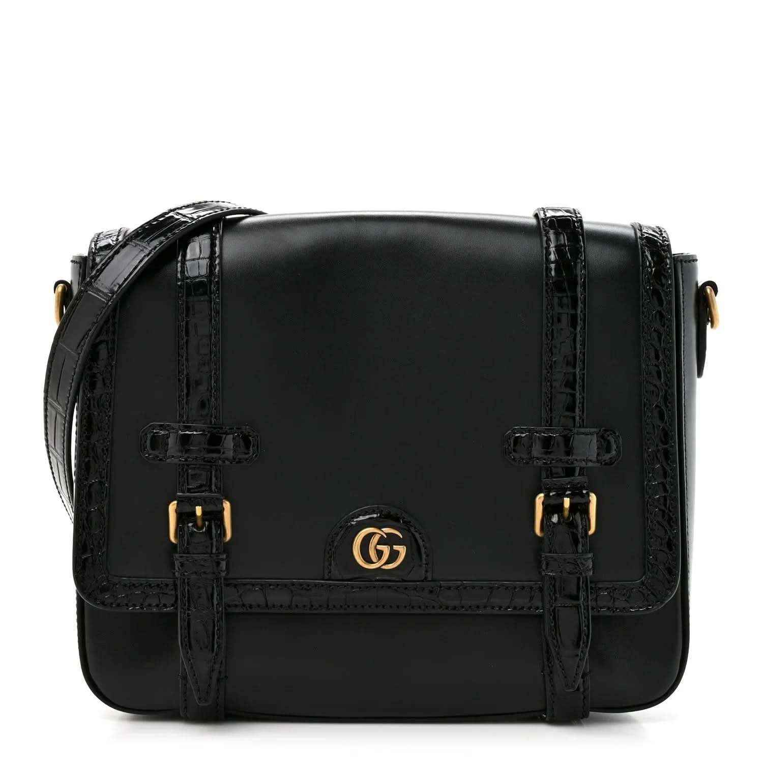 Black leather medium messenger bag with front double buckles and gold Gucci emblem