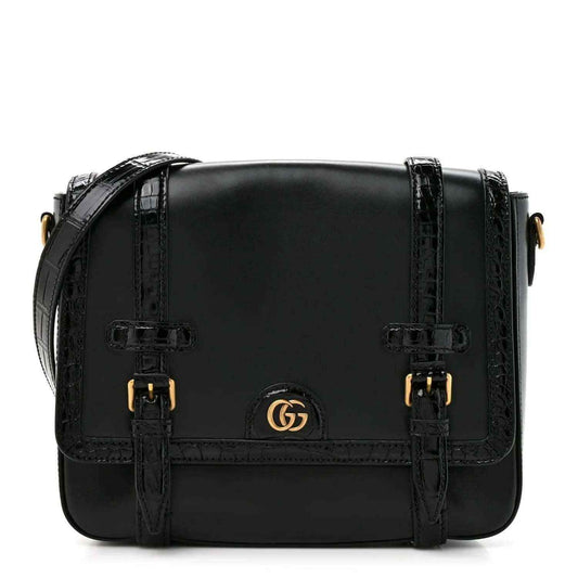 Black leather medium messenger bag with front double buckles and gold Gucci emblem