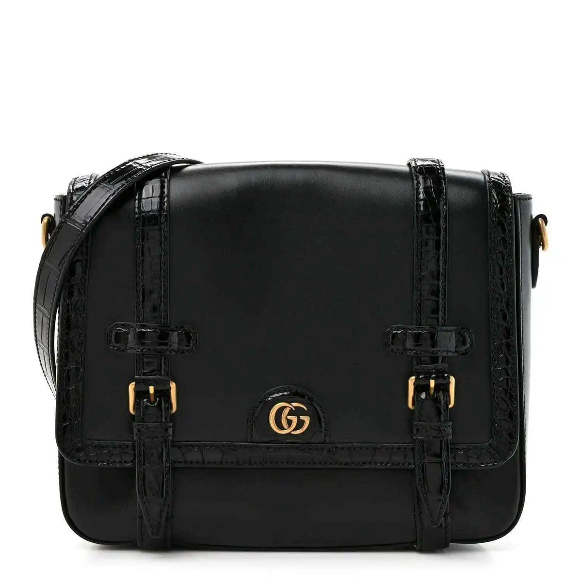 Black leather medium messenger bag with front double buckles and gold Gucci emblem