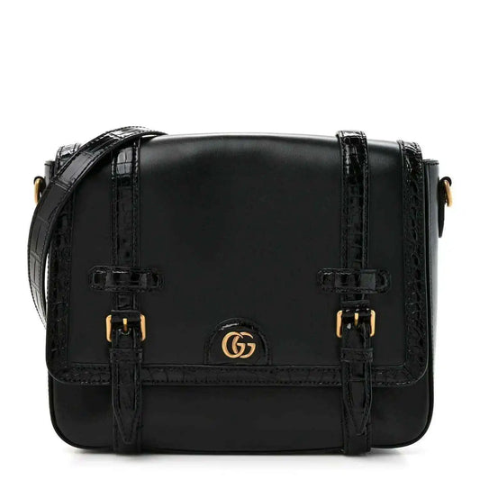 Black leather medium messenger bag with front double buckles and gold Gucci emblem