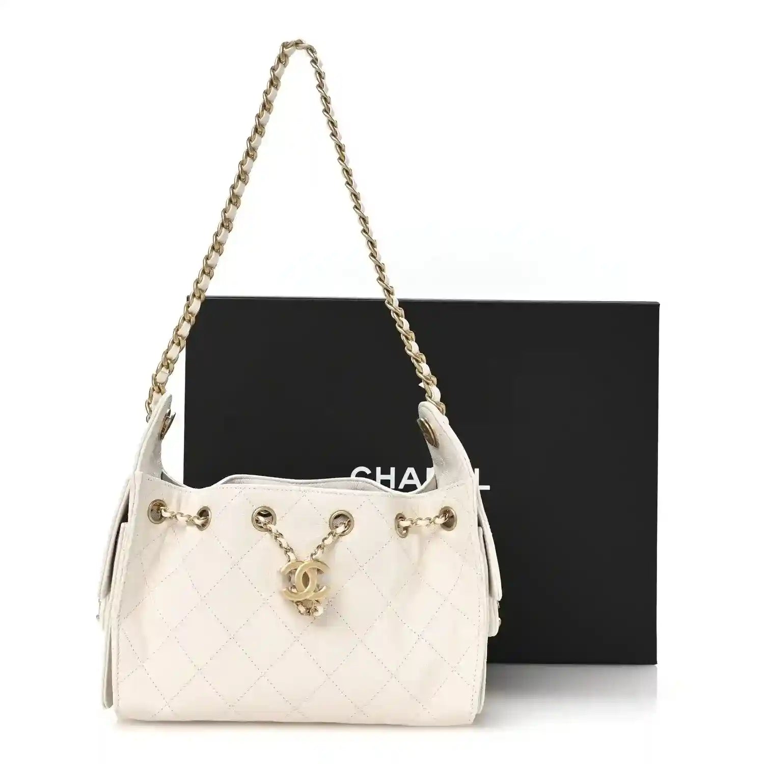 White mini handbag with gold chain strap and front logo hardware