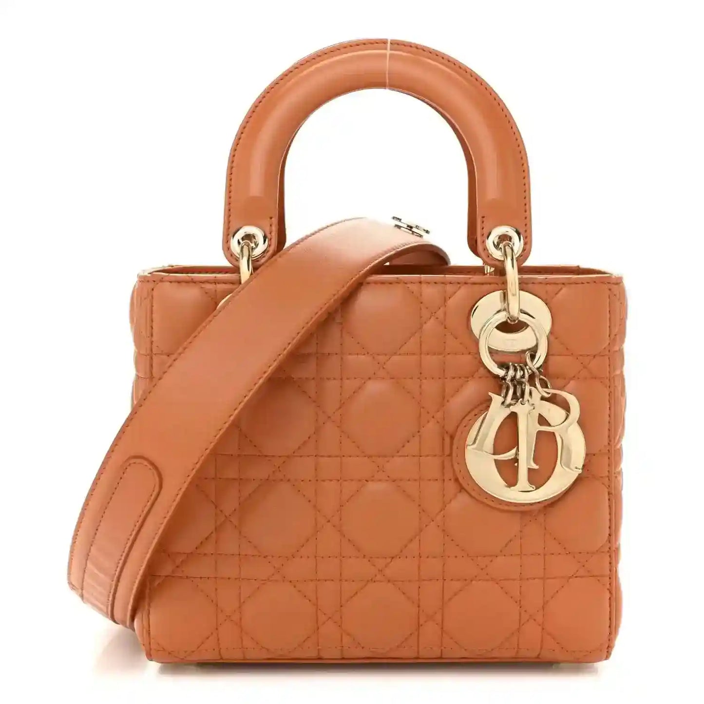 Small Lady Dior tote in orange quilted lambskin with top handles and gold hardware