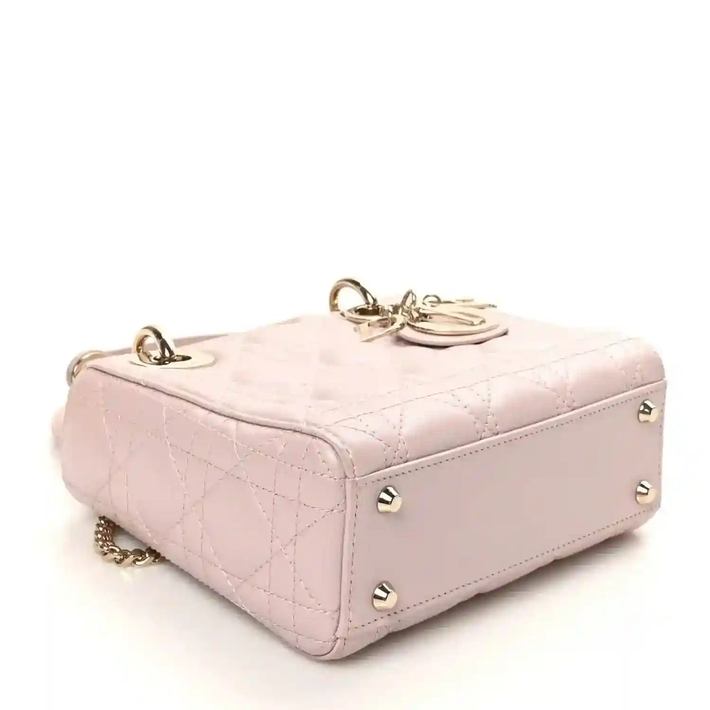 Mini Lady Dior handbag in rose pink lambskin with gold hardware and diamond quilting, top view