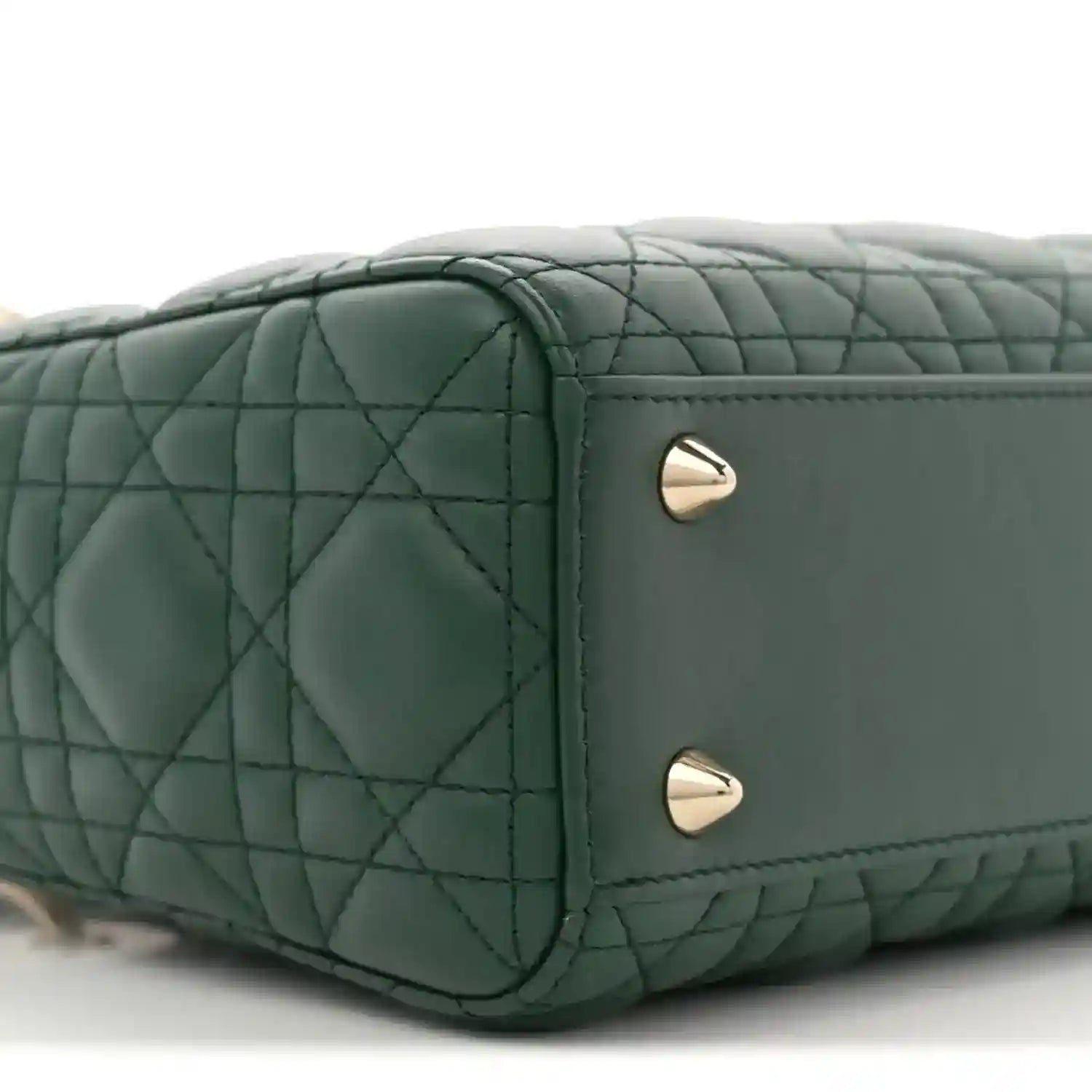 Green quilted lambskin Lady Dior bag corner with silver hardware studs
