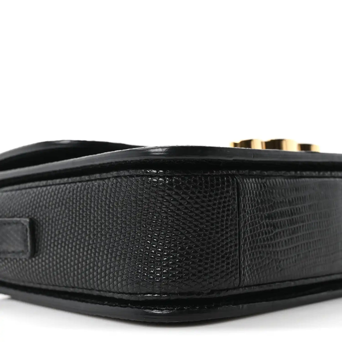 Black lizard-embossed side panel of flap shoulder bag