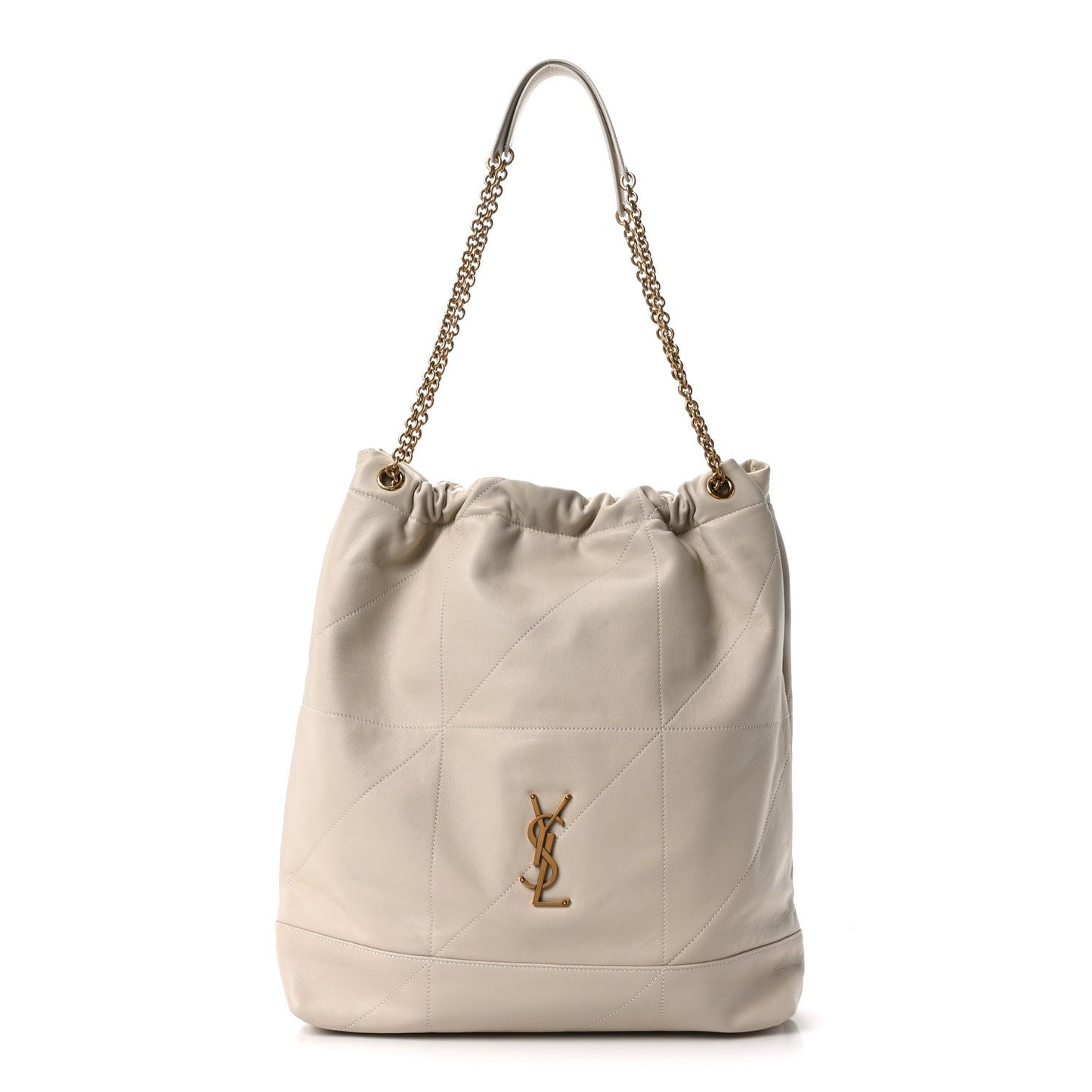 Cream lambskin tote bag with chain handles and YSL logo, ruched top