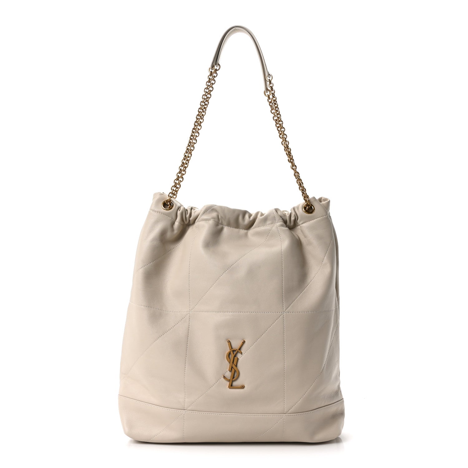 Cream lambskin tote bag with chain handles and YSL logo, ruched top
