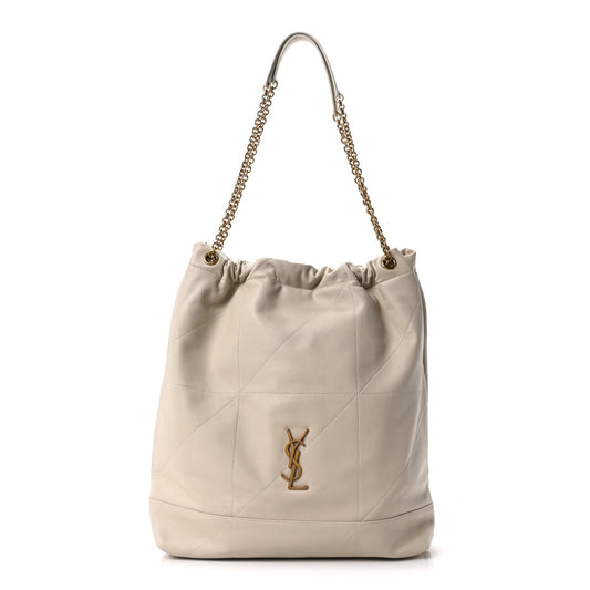 Cream lambskin tote bag with chain handles and YSL logo, ruched top
