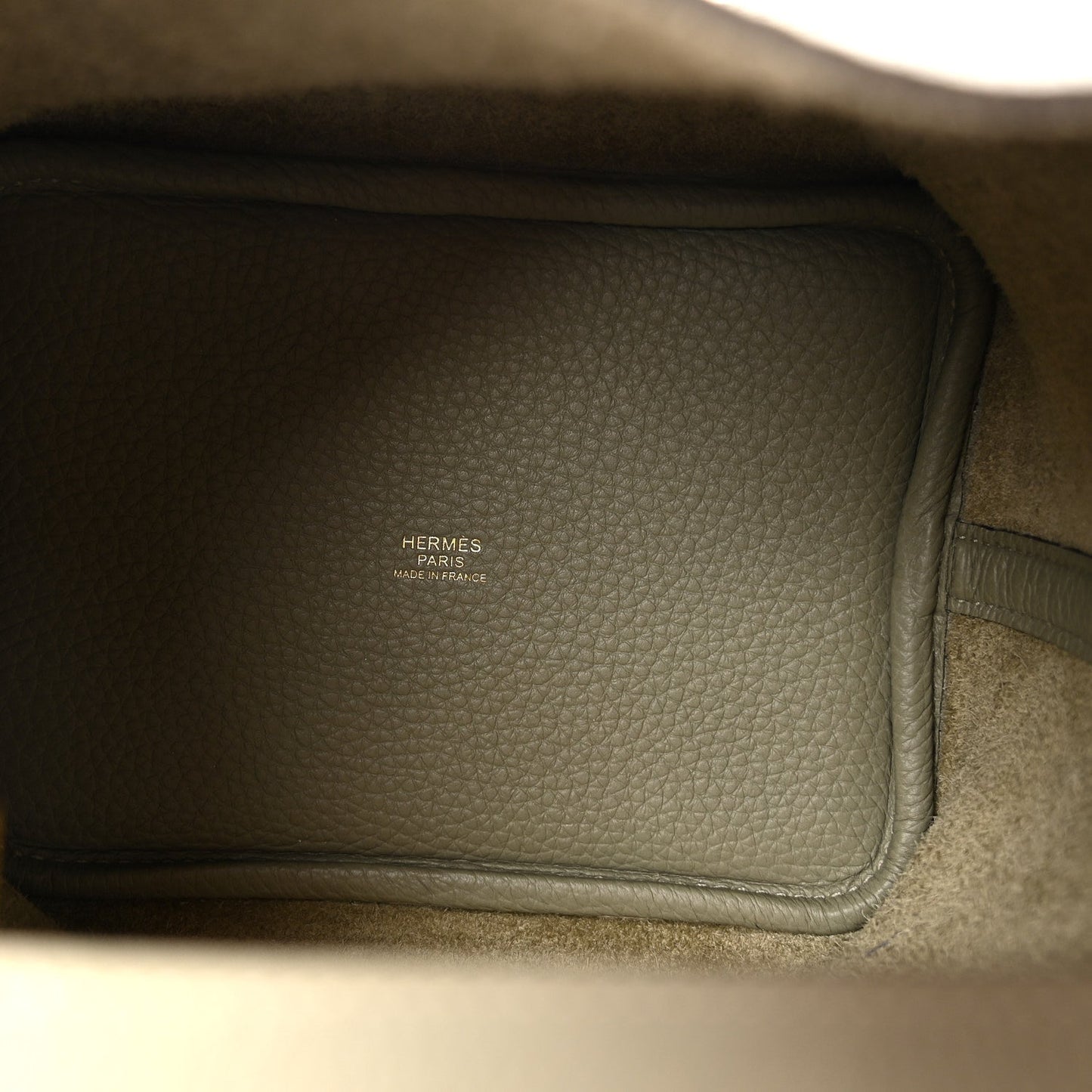 Sauge leather tote bag interior pocket panel with visible stitching