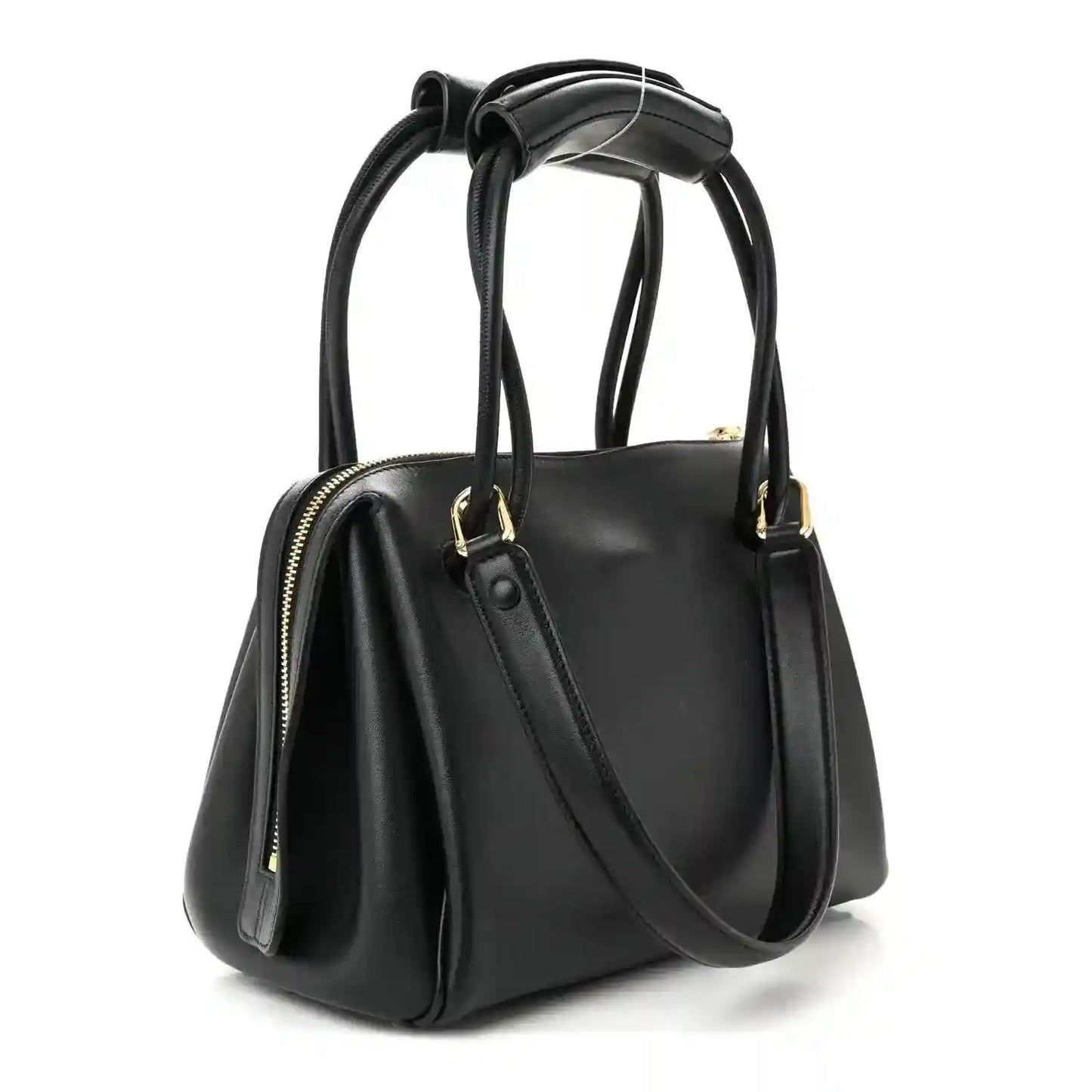 Small Madrid bag in black leather with shoulder strap, gold hardware, and zip top.