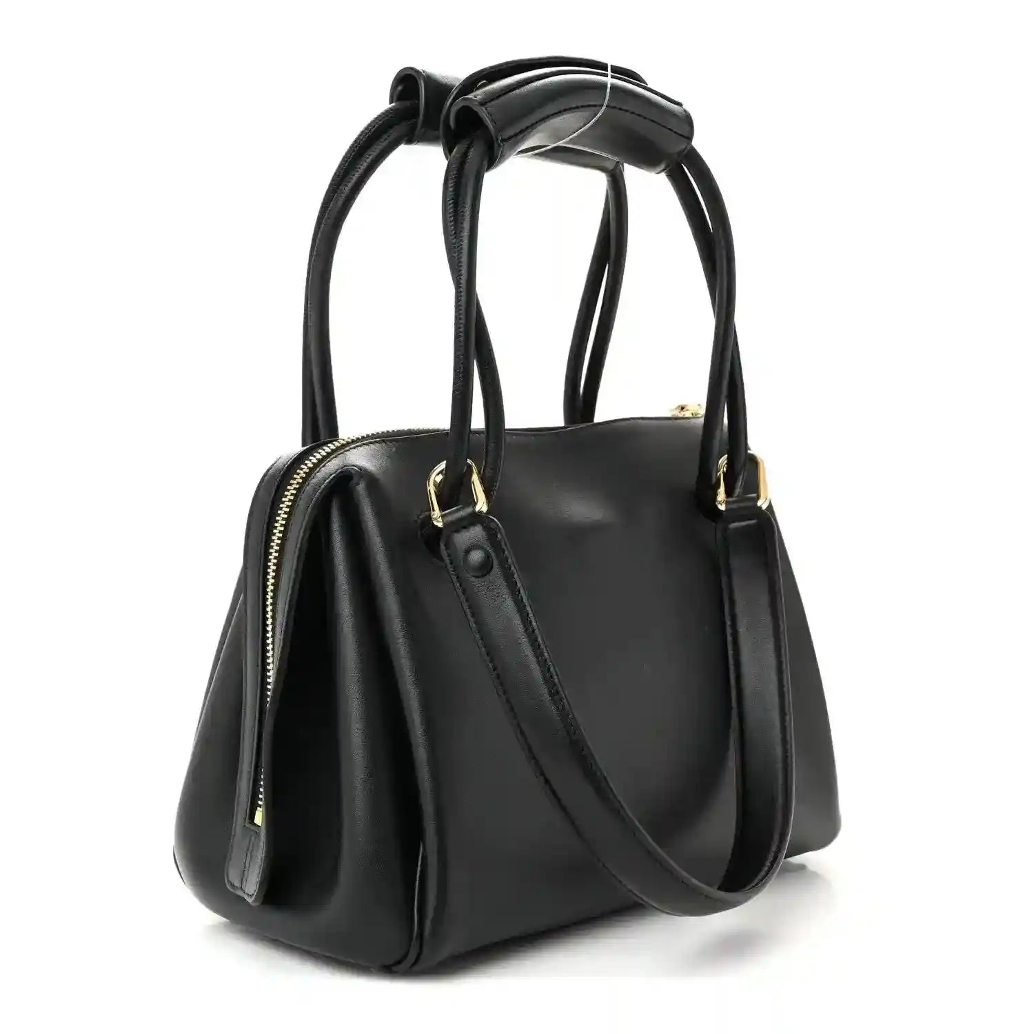 Small Madrid bag in black leather with shoulder strap, gold hardware, and zip top.