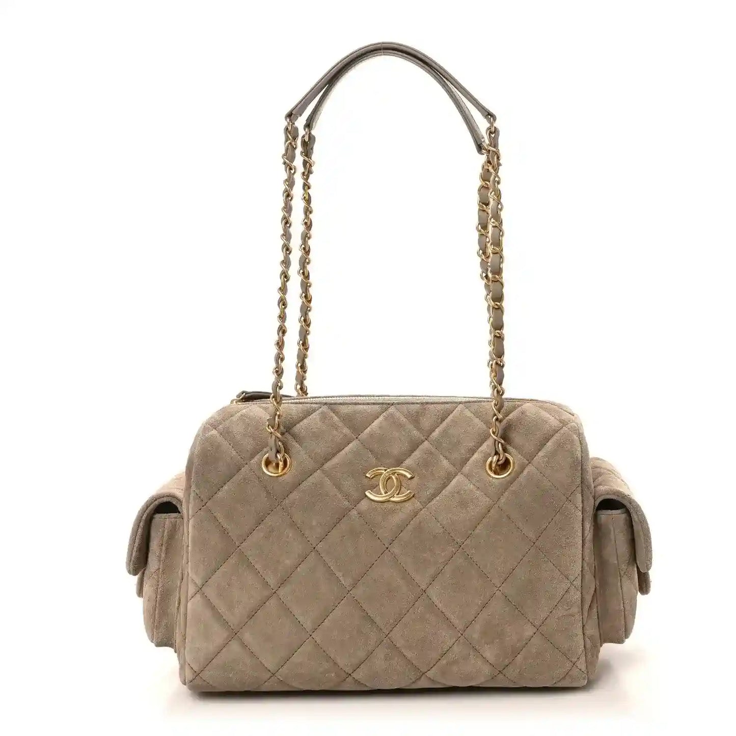 Chanel dark grey quilted suede bowling bag with gold chain handles and snap pockets