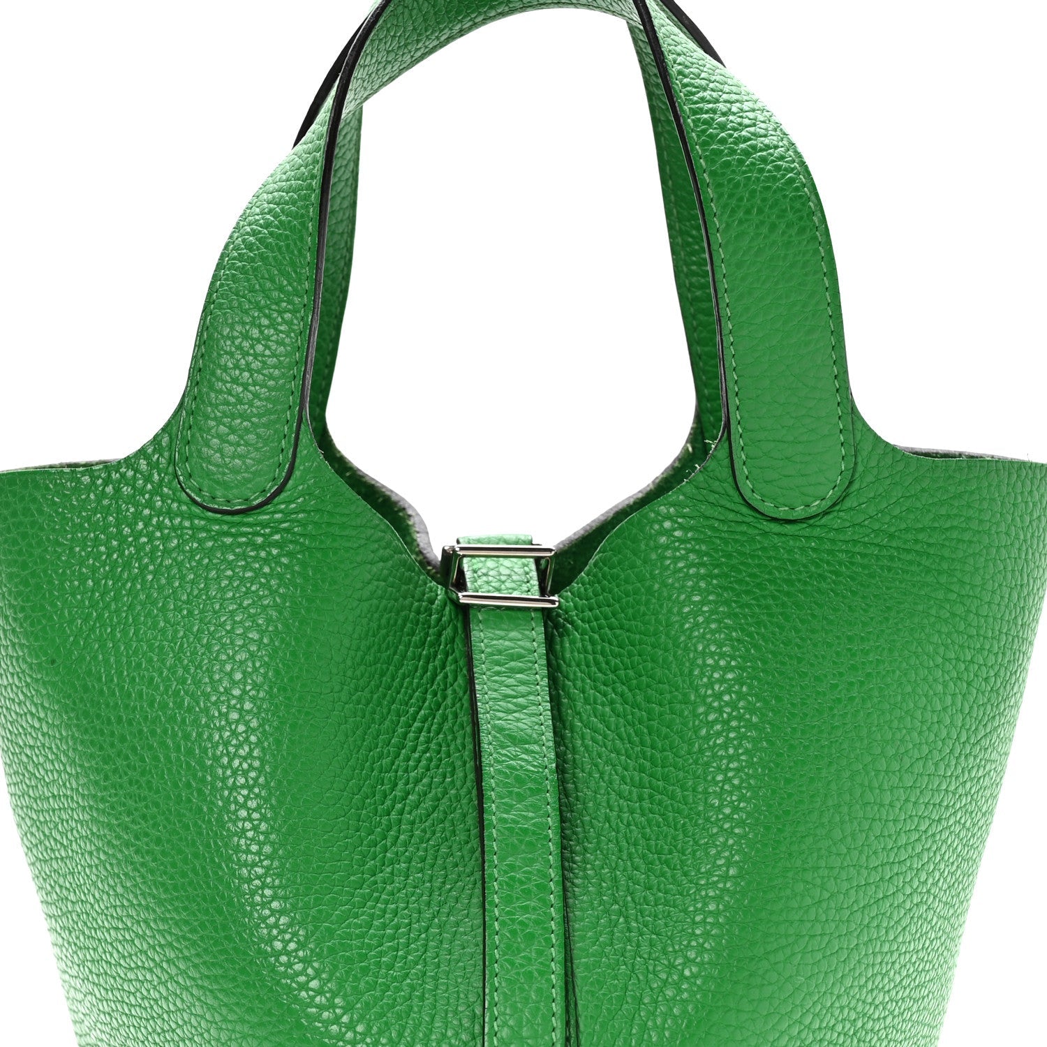 Green leather tote bag front view with top handles and silver lock clasp